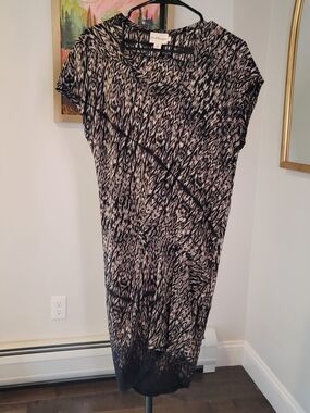 PURE DKNY 100% Silk Black Tan Abstract Print Short Sleeve Dress Women's Size S